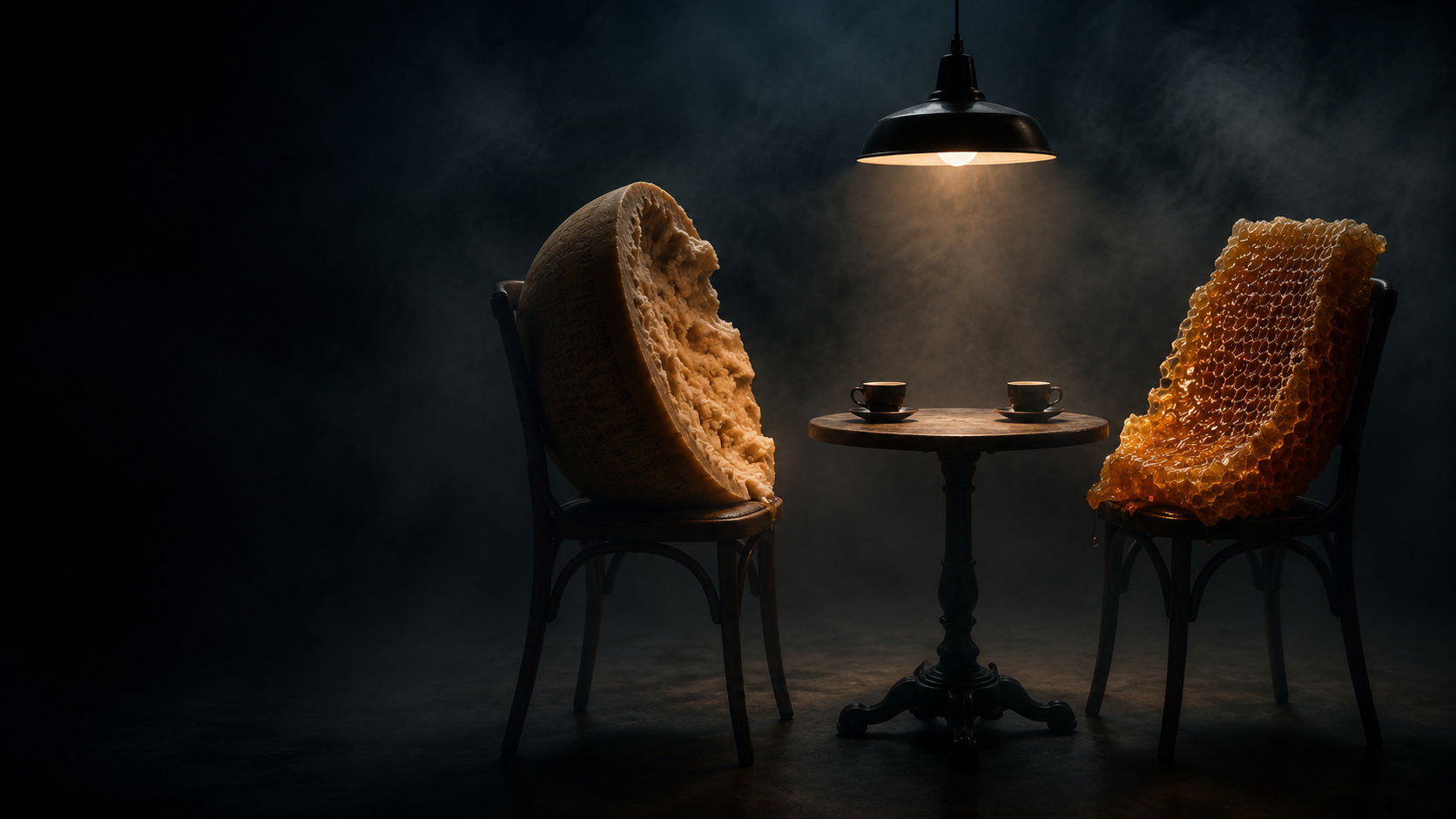 A loaf of bread and a honeycomb sitting across from each other at a small table with two coffee cups, under a single hanging lamp